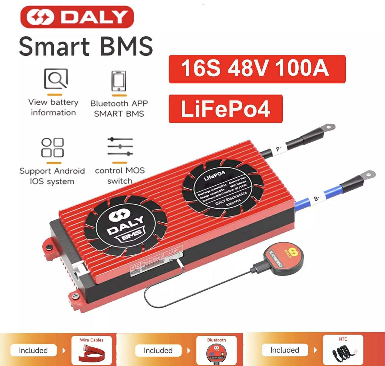 DALY Smart BMS LiFePo4 16S 48V 100A W/UART & BT
