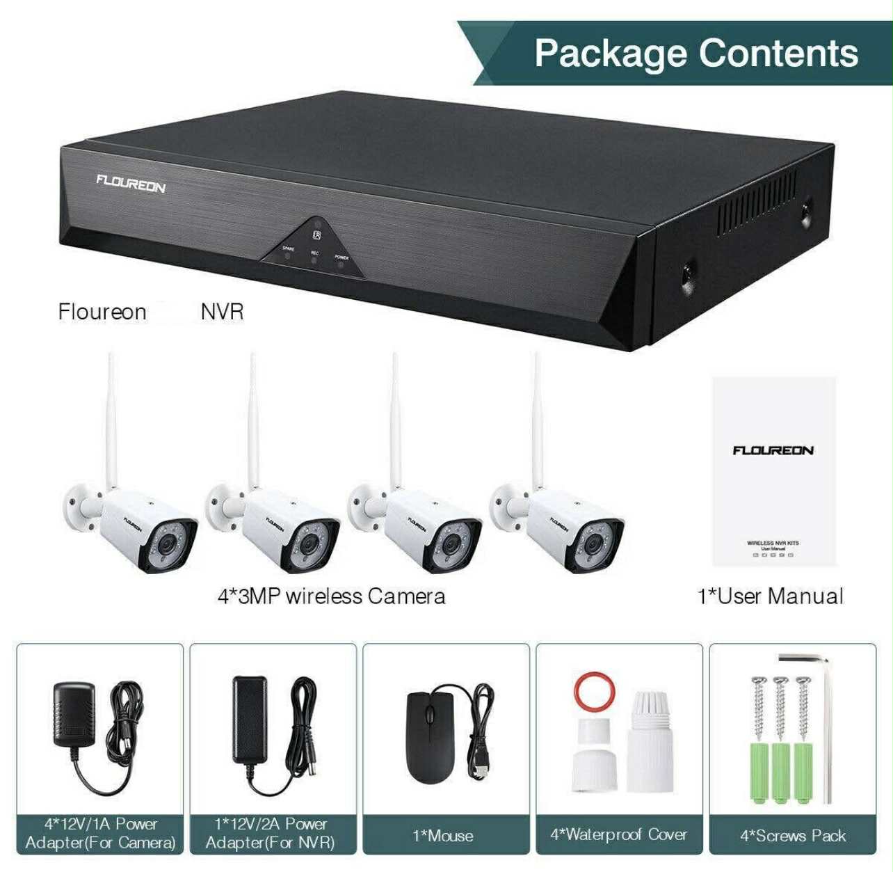 FLOUREON WIFI CCTV Security Camera System NVR + 4Pcs 3MP Wireless Camera