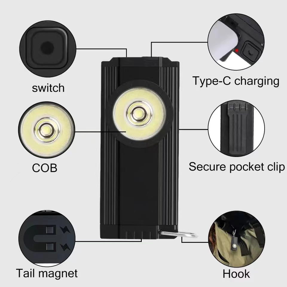 Mini Metal Magnetic Base Keychain Light Rechargeable W/Back Clip