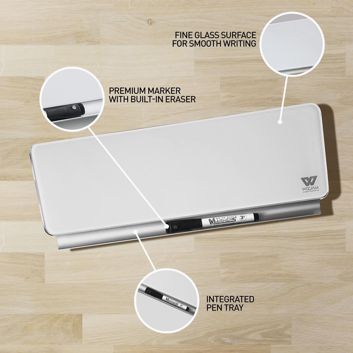 WIZJAM Desktop Glass Whiteboard W/Marker+Eraser