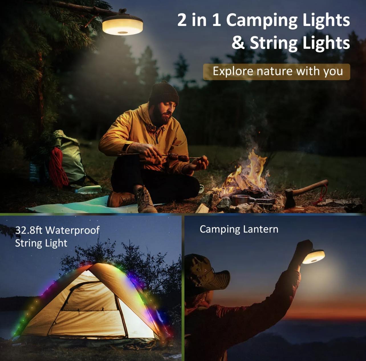 2-in-1 Stowable 10M String Light + Tent Lights