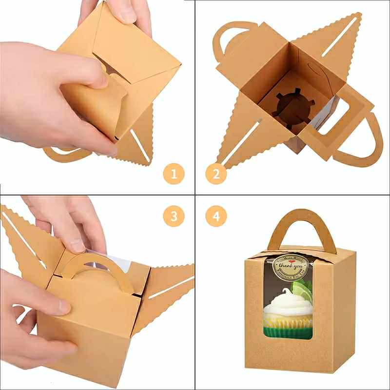 50pcs | 3.2” Paper Cupcake Muffin Box Single Cupcake Holder W/Window + Stickers