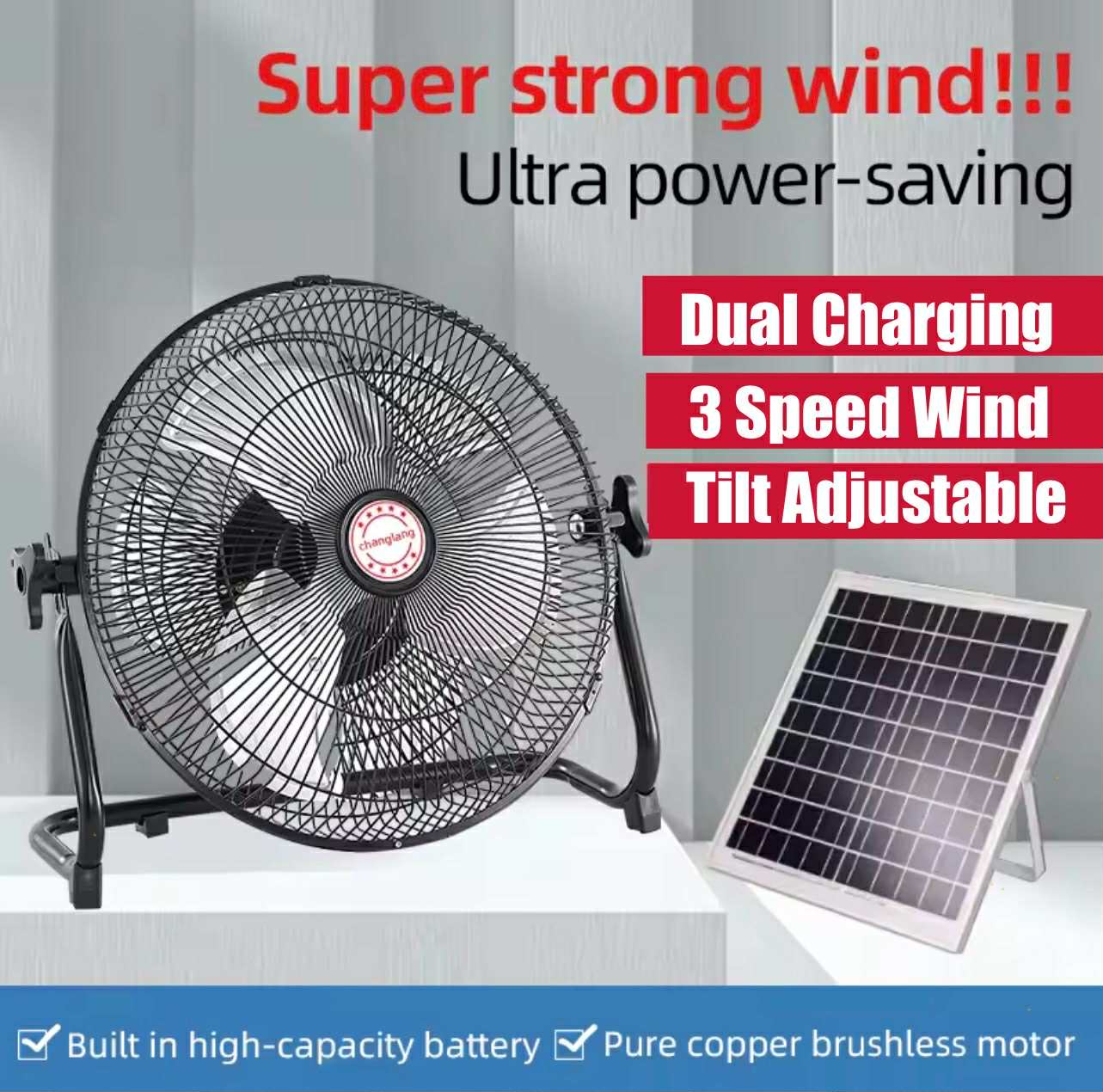 12” Portable Solar Rechargeable Fan W/Solar Panel & AC Charger