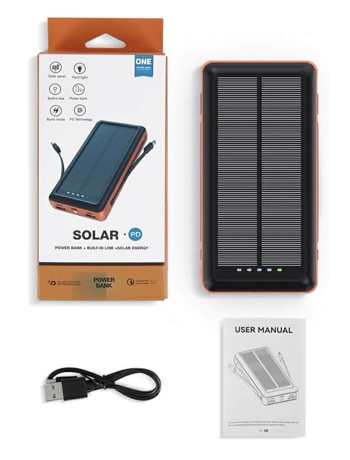 Solar Charge Power Bank Built-in 2 Output Cable (iOS + Type-C)