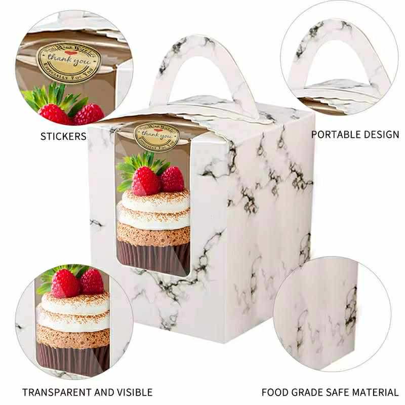 50pcs | 3.2” Paper Cupcake Muffin Box Single Cupcake Holder W/Window + Stickers