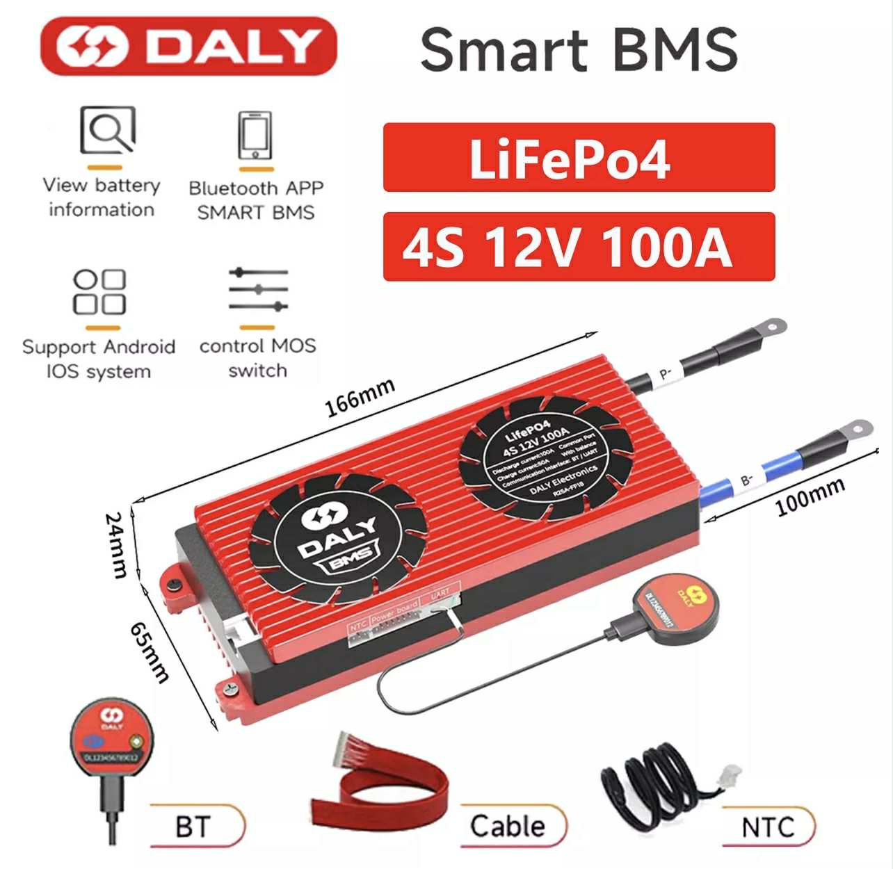 DALY Smart BMS LiFePo4 4S 12V 100A W/UART+BT