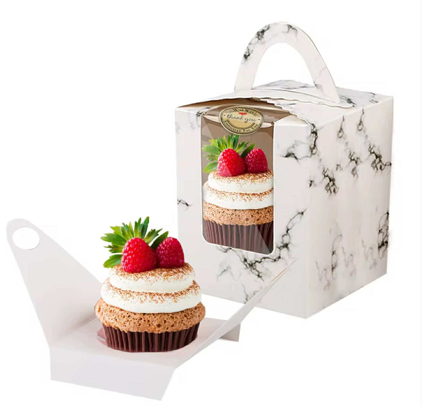 50pcs | 3.2” Paper Cupcake Muffin Box Single Cupcake Holder W/Window + Stickers