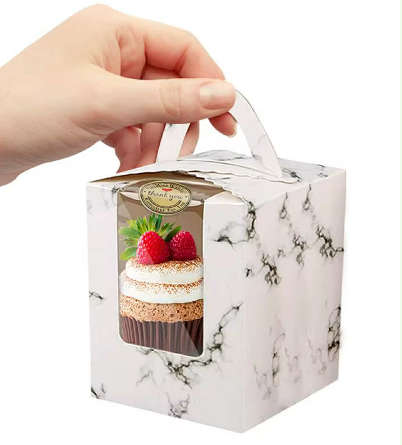 50pcs | 3.2” Paper Cupcake Muffin Box Single Cupcake Holder W/Window + Stickers