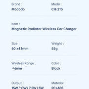 Mcdodo Fast cooling 15W CH-2130 Magnetic Radiator Wireless Car Charger