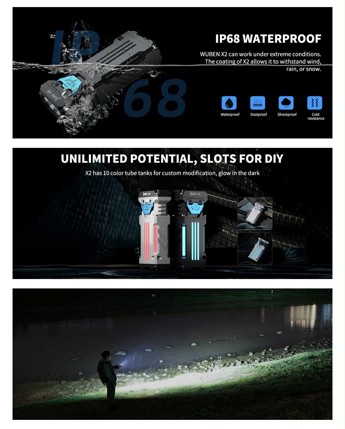 WUBEN X-2 Mini Rechargeable Flashlight 2500Lumen 6 Lighting Modes Waterproof Easy Carry Ultra-Compact Light Torch for Outdoor