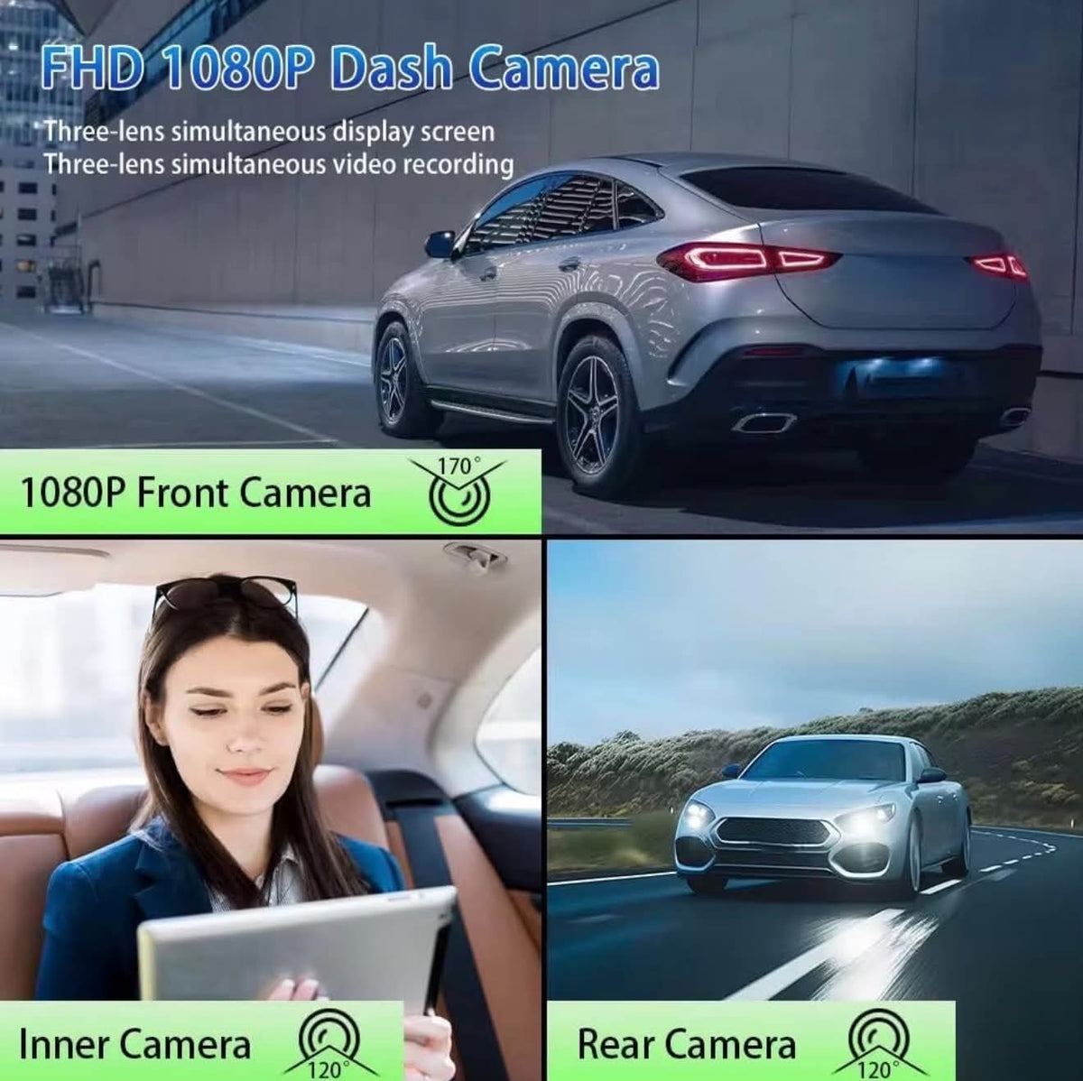 3 Cameras Dash Camera FHD Night Vision W/Display & APP