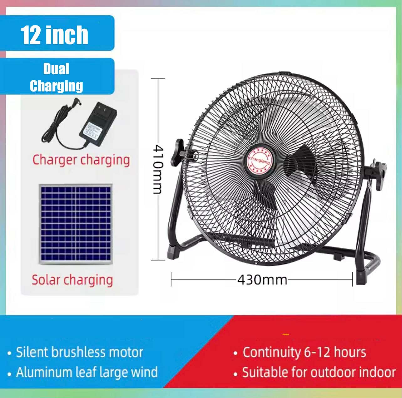 12” Portable Solar Rechargeable Fan W/Solar Panel & AC Charger