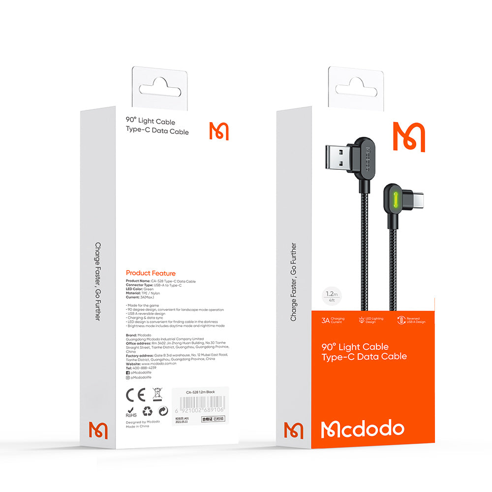 MCDODO CA-5281 CA-5283 Button Series Type-C 1.2M Cable Dual Elbow Charging Data Cable Black