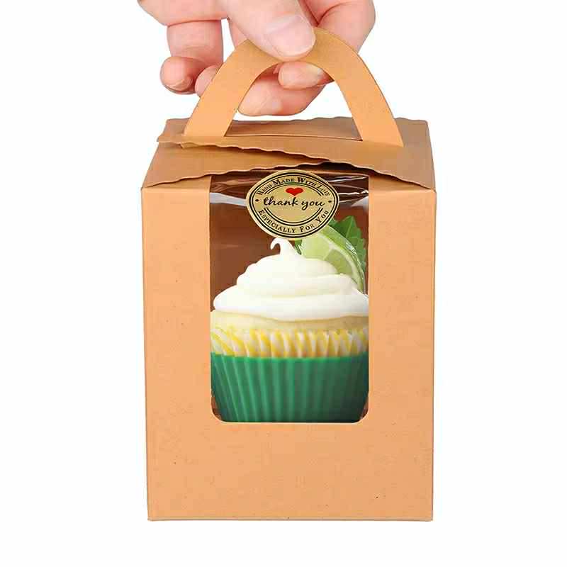 50pcs | 3.2” Paper Cupcake Muffin Box Single Cupcake Holder W/Window + Stickers