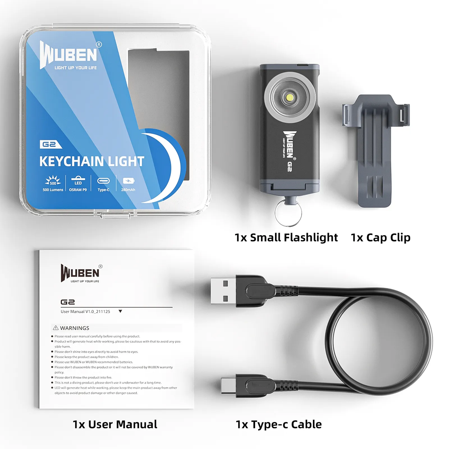 WUBEN G2 Mini Keychain Light 500Lumen Rechargeable Built-in Battery EDC Flashlight with Magnetic Tail 175° Wide-angle LED Lights