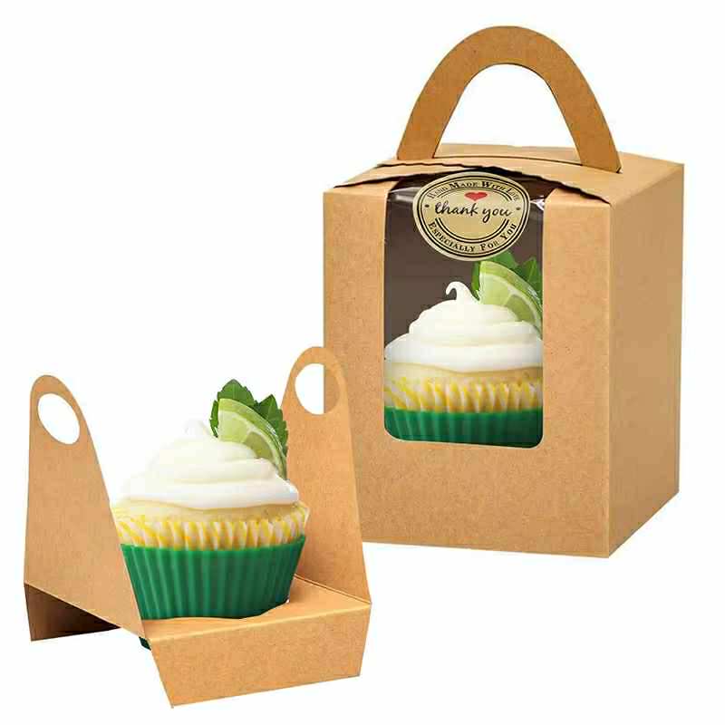 50pcs | 3.2” Paper Cupcake Muffin Box Single Cupcake Holder W/Window + Stickers