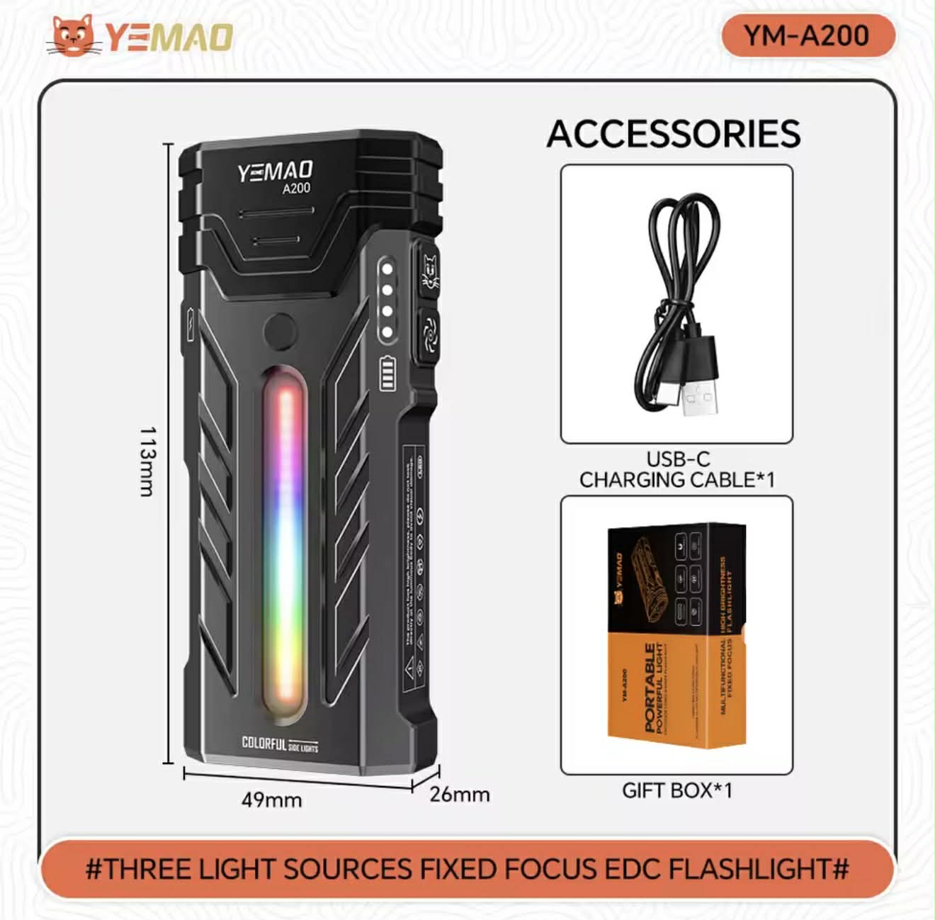 YEMAO A200 Powerful Long-Range EDC Flashlight W/Atmosphere Light, Magnet & Clip