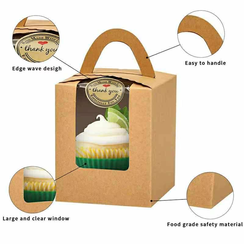 50pcs | 3.2” Paper Cupcake Muffin Box Single Cupcake Holder W/Window + Stickers