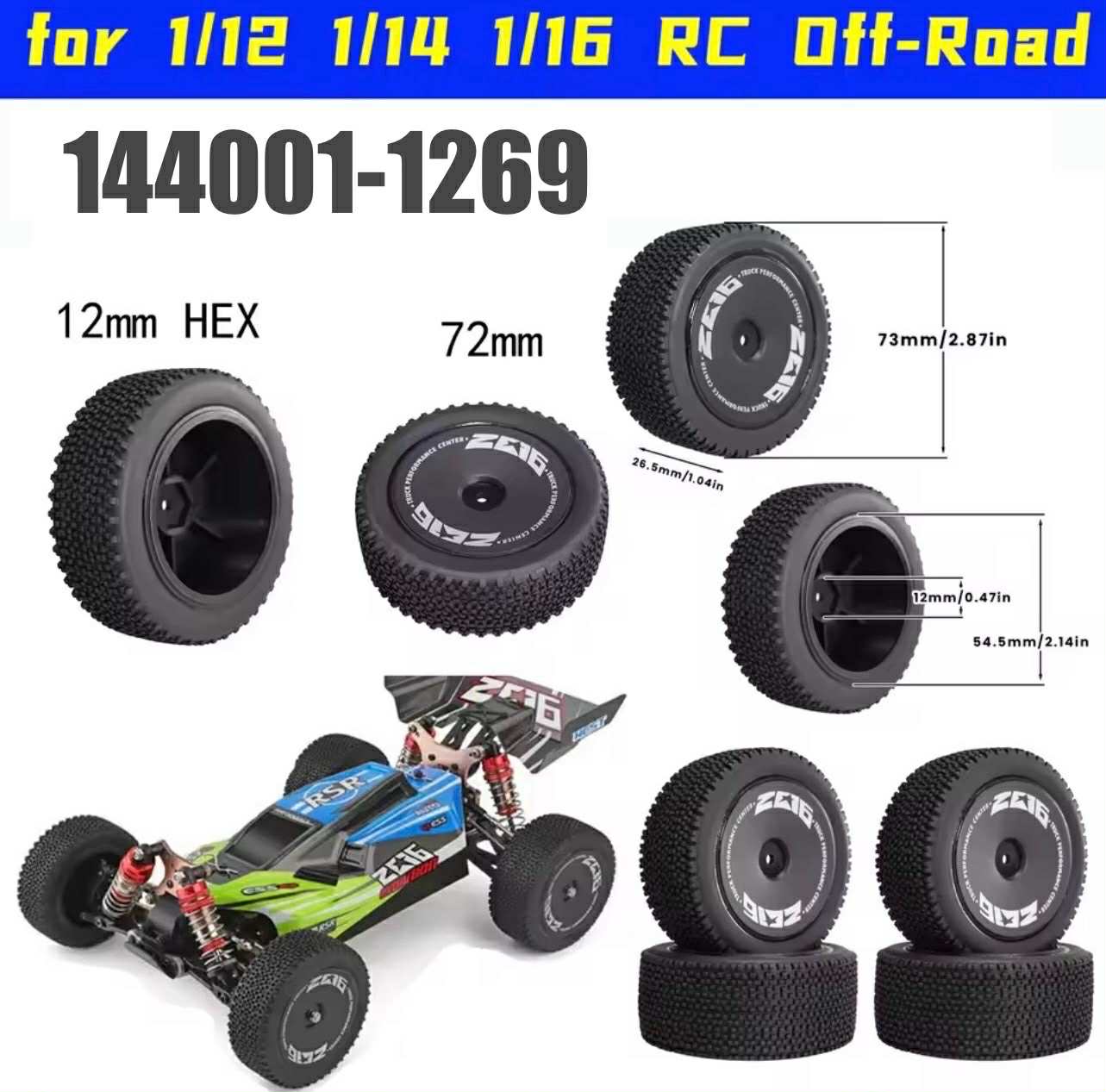 72mm Wltoys XK Front Tires 12mm HEX | 4pcs Set