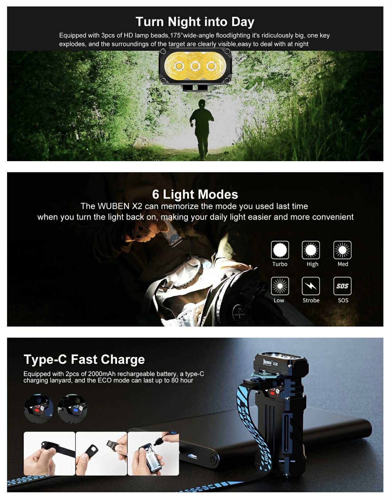 WUBEN X-2 Mini Rechargeable Flashlight 2500Lumen 6 Lighting Modes Waterproof Easy Carry Ultra-Compact Light Torch for Outdoor