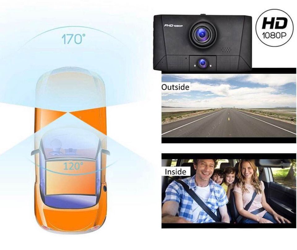 4" LCD 1080P Car DVR 3 Lens Camera Recorder Dash Cams DVR Camcorder (Front, Rear, Cabin)