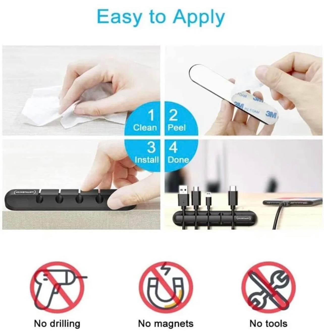 Cable Clips Cord Management Desk Organiser Adhesive Back | 3pcs Pack | Black