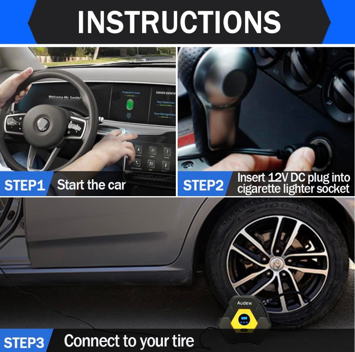 Audew 120W 12V Portable Digital Air Compressor Pump W/LED Lights | CZK-3603