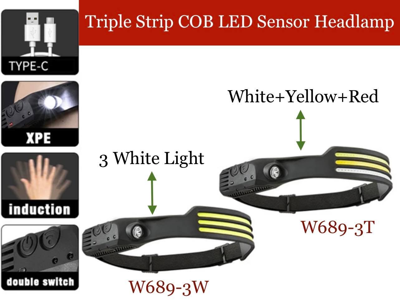 Triple Strips COB LED Induction Sensor Headlamp W/Built-in Battery | 2 Style | W689-3