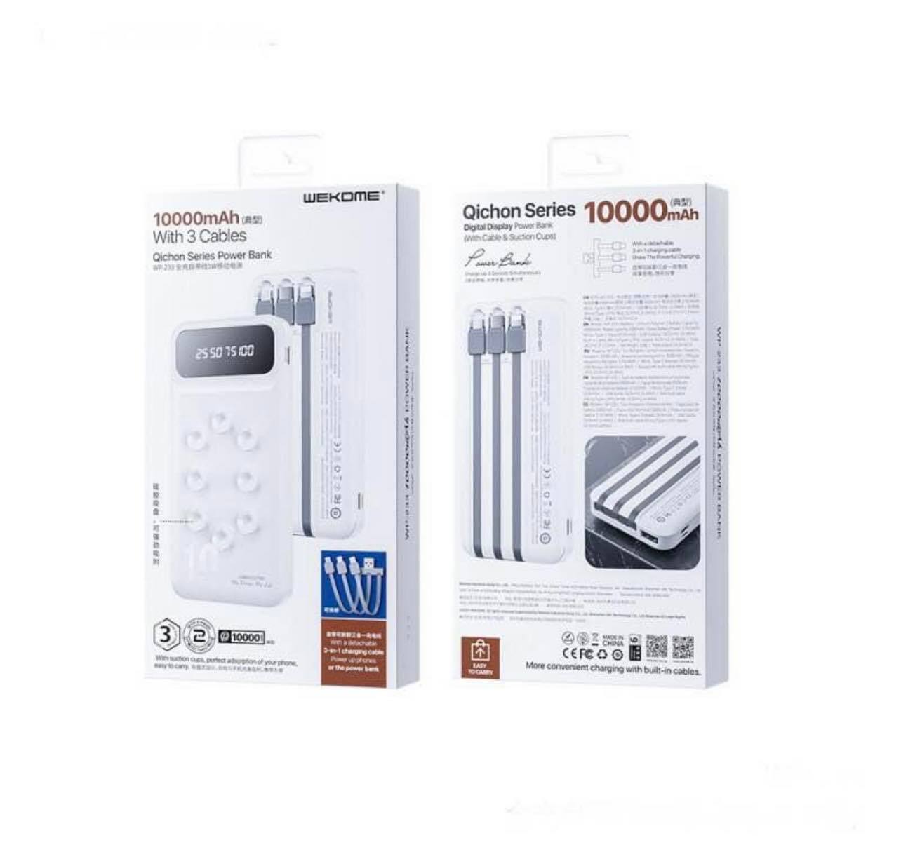 WEKOME Qichon Series 10,000mAh Power Bank W/3in1 Cables & Suction Cups | WP-233