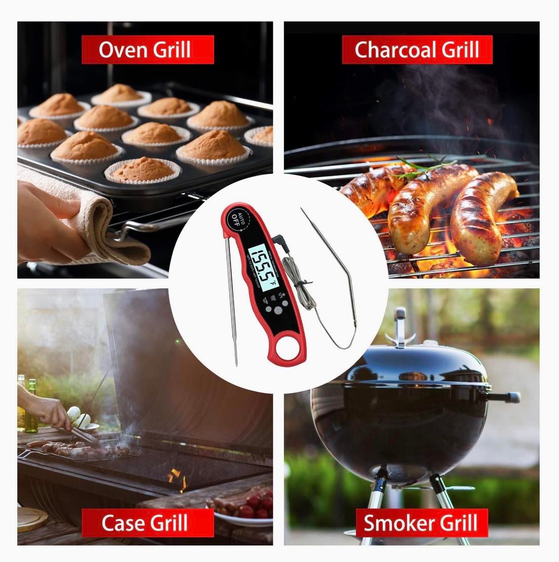 Dual Probe Meat/Grill Thermometer W/Alarm Function for Oven Safe | Red