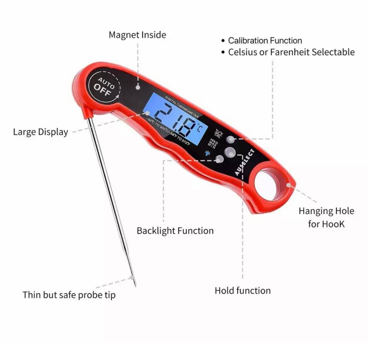 Dual Probe Meat/Grill Thermometer W/Alarm Function for Oven Safe | Red