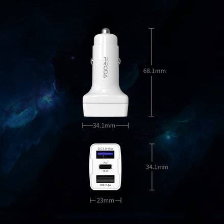Proda Car Phone Charger with QC3.0 USB Type C Ports