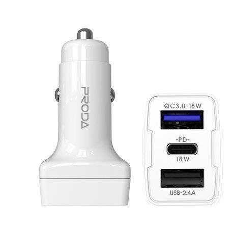 Proda Car Phone Charger with QC3.0 USB Type C Ports
