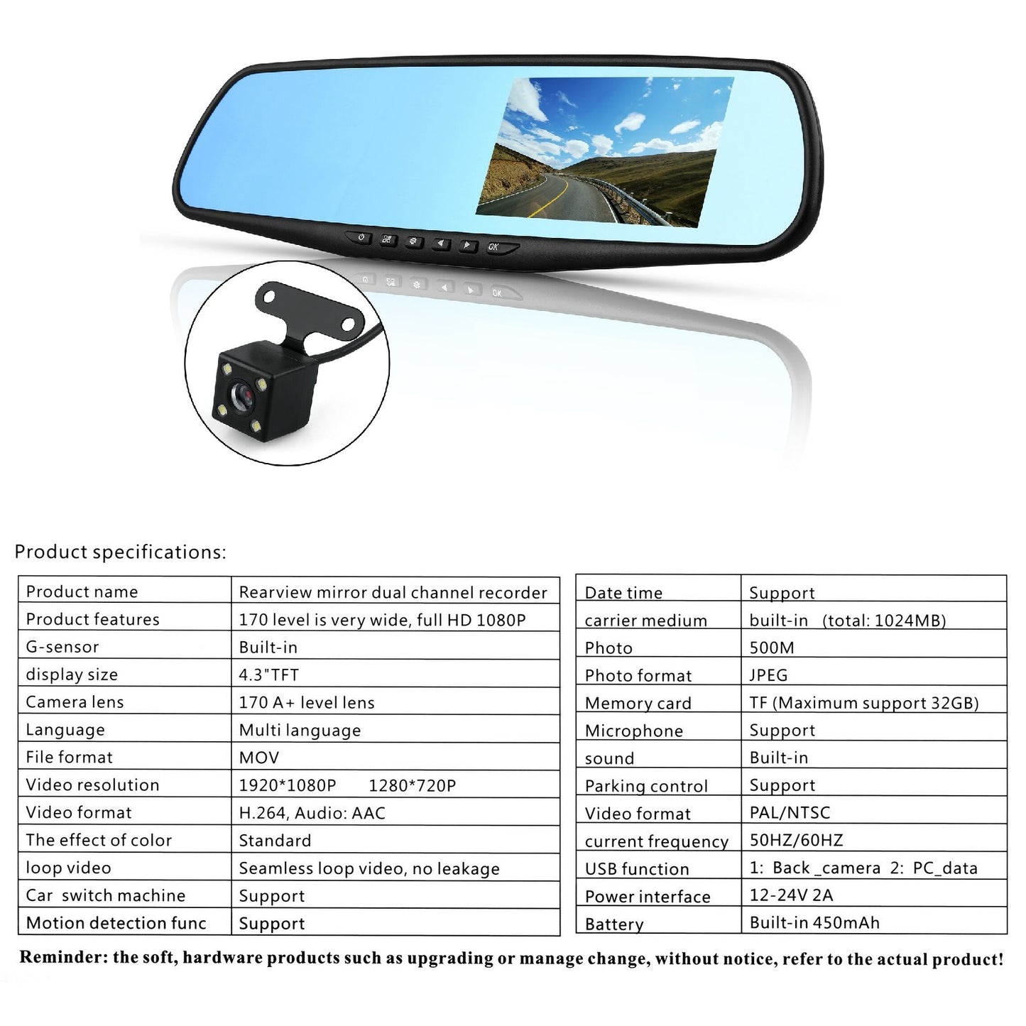 4.3'' FHD 1080P Dual Lens Front and Rear Mirror Camera