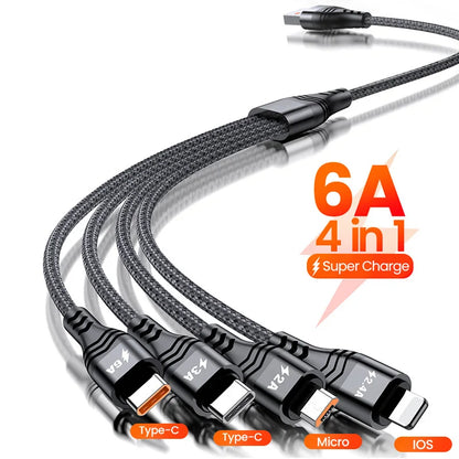4 in 1 USB Cable For iPhone 13 12 11 6A 66W 100W Data Cable