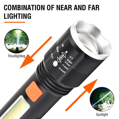 P50 Powerful LED Flashlight 4-Modes Type-C Rechargeable Tactical Telescopic Torch High Power Flashlight Emergency Light