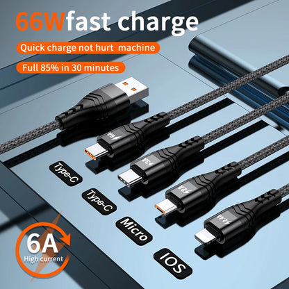 4 in 1 USB Cable For iPhone 13 12 11 6A 66W 100W Data Cable