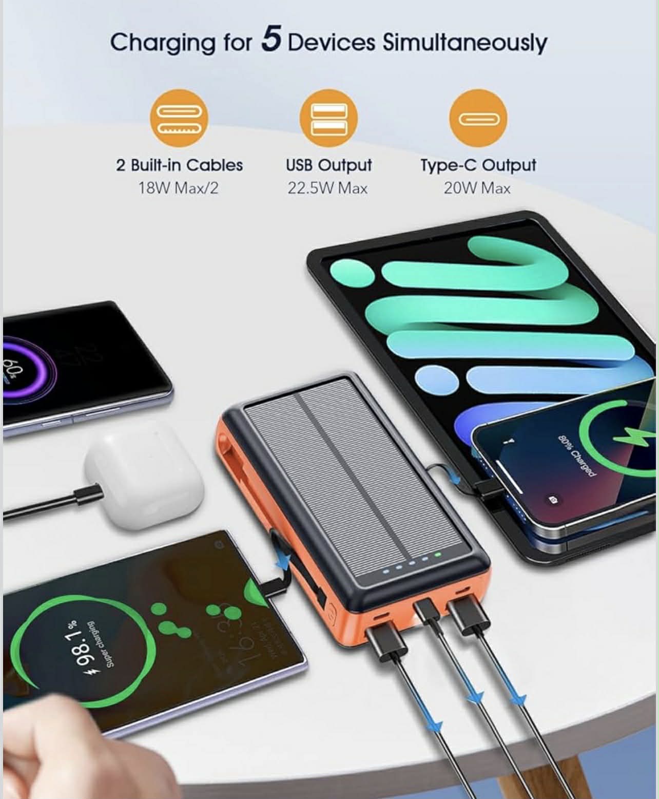 Solar Charge Power Bank Built-in 2 Output Cable (iOS + Type-C)