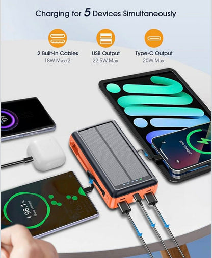 Solar Charge Power Bank Built-in 2 Output Cable (iOS + Type-C)