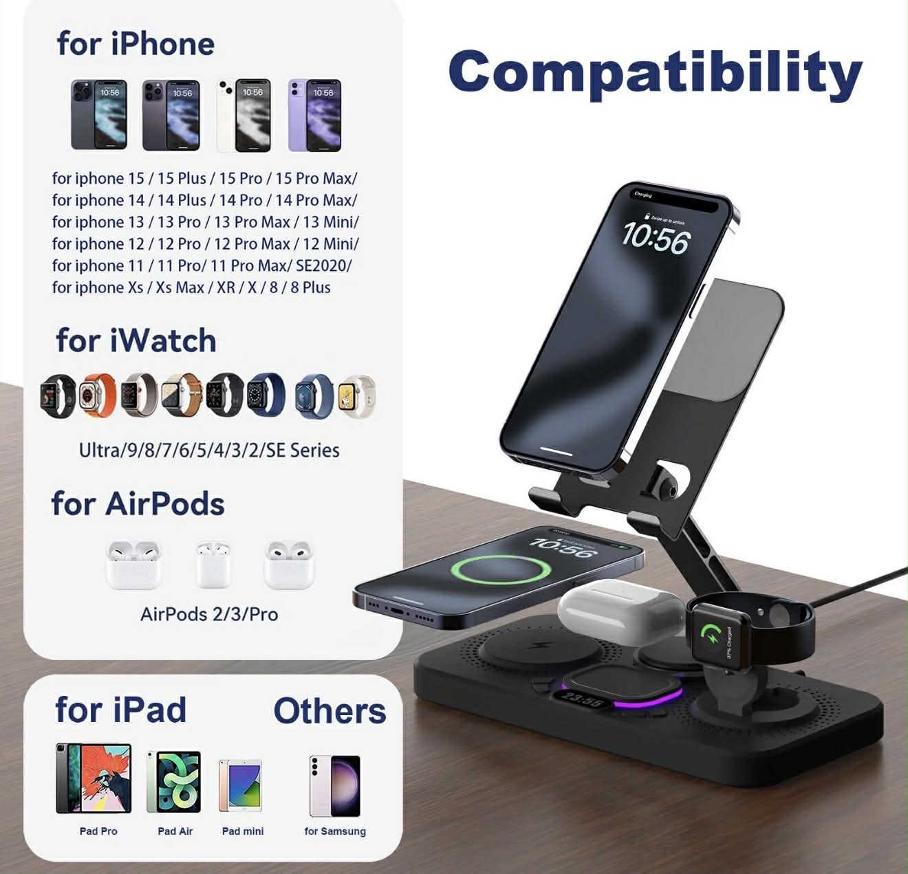 6-IN-1 Wireless Charger Dock Station W/Clock LED | Y21