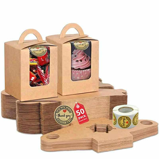 50pcs | 3.2” Paper Cupcake Muffin Box Single Cupcake Holder W/Window + Stickers
