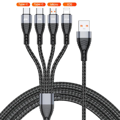 4 in 1 USB Cable For iPhone 13 12 11 6A 66W 100W Data Cable