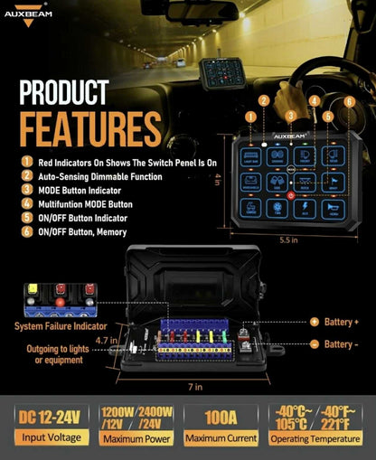 AUXBEAM 12 Gang Switch Panel W/RGB Backlight | RB120 | 12V - 24V