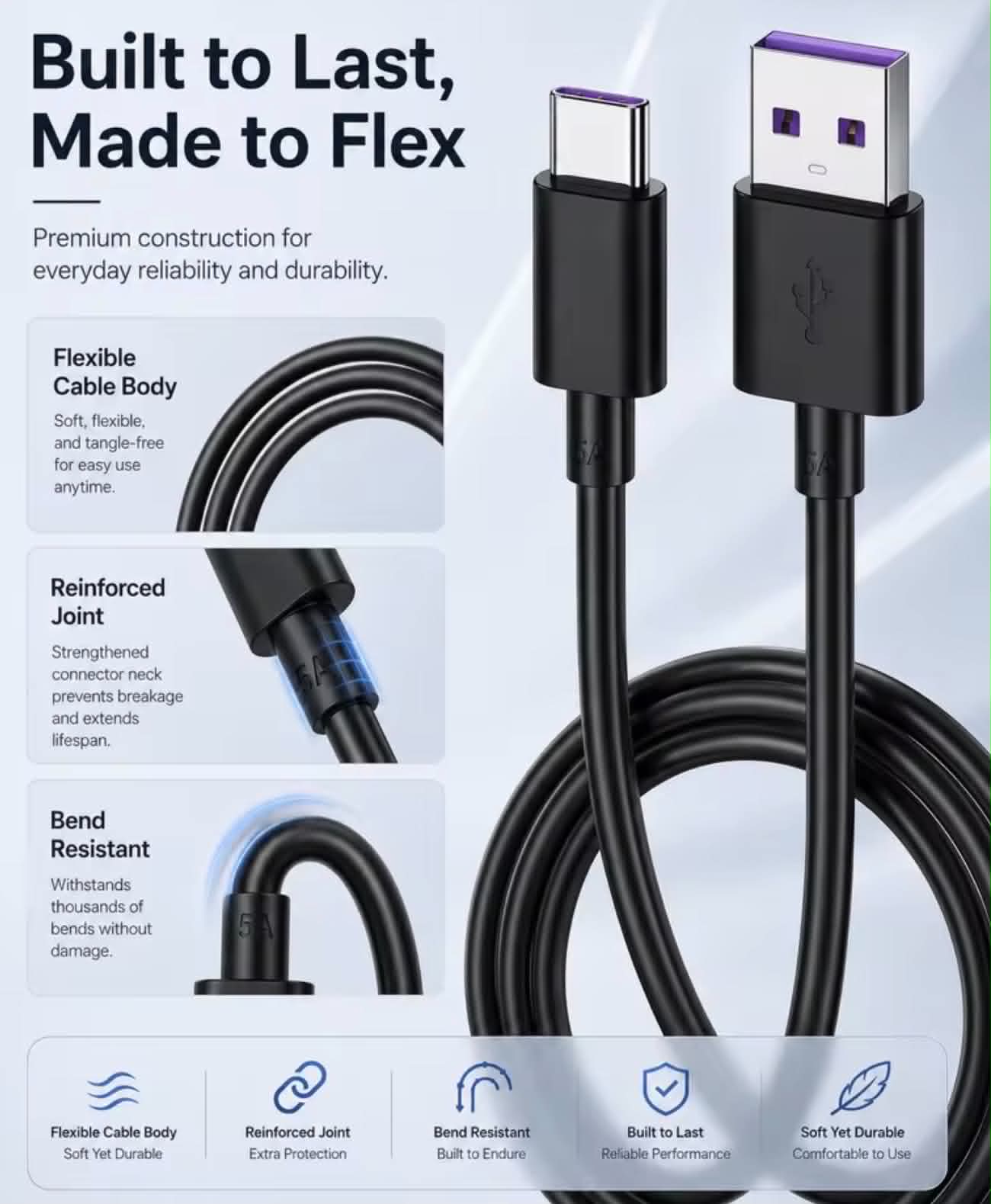 6PK USB A to USB C PVC Purple Charging Cable