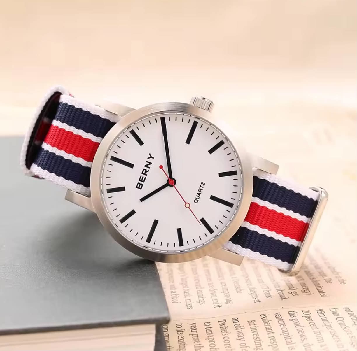 BERNY Railway Men Watch Quartz W/Canvas Woven Strap