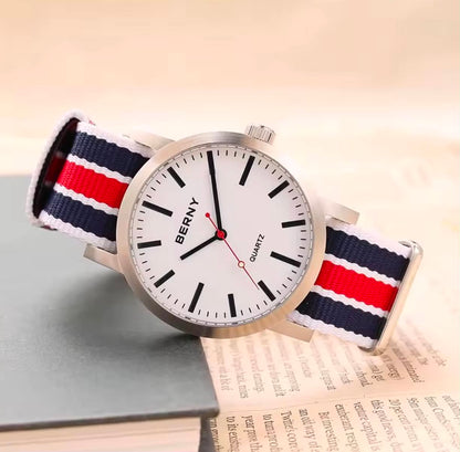 BERNY Railway Men Watch Quartz W/Canvas Woven Strap
