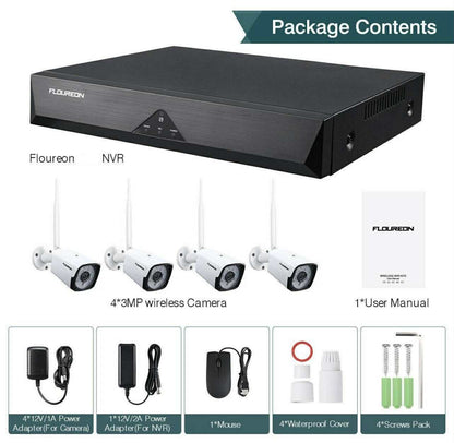 FLOUREON WIFI CCTV Security Camera System NVR + 4Pcs 3MP Wireless Camera