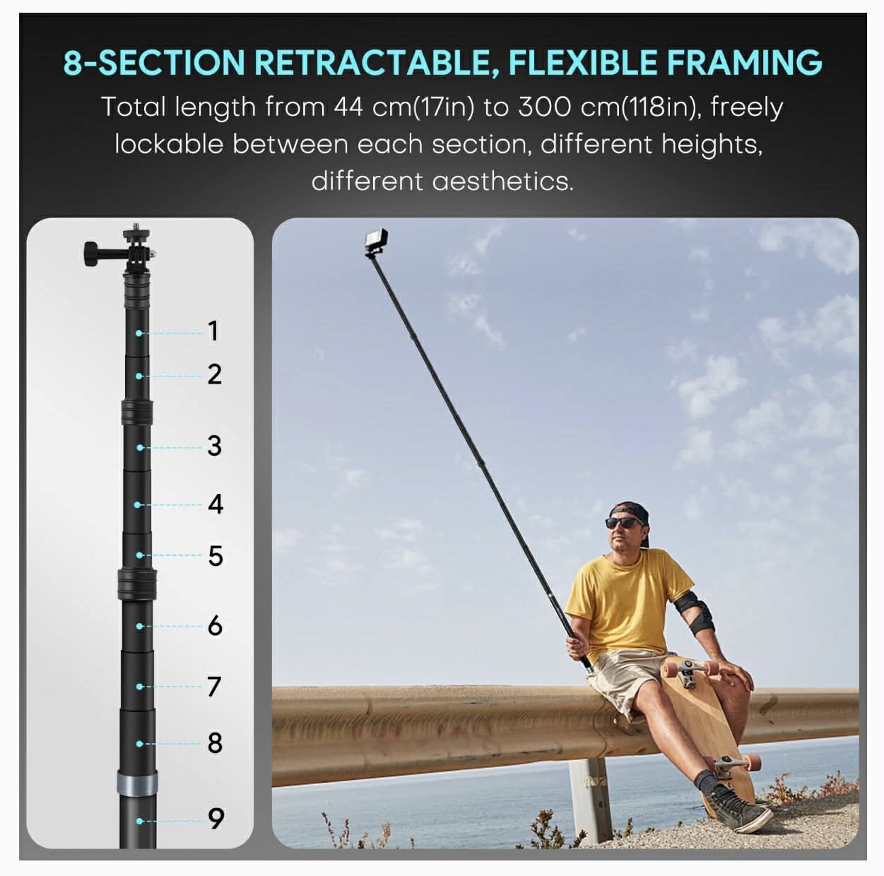 REYGEAK Carbon Fiber Selfie Stick Monopod | Action Cam