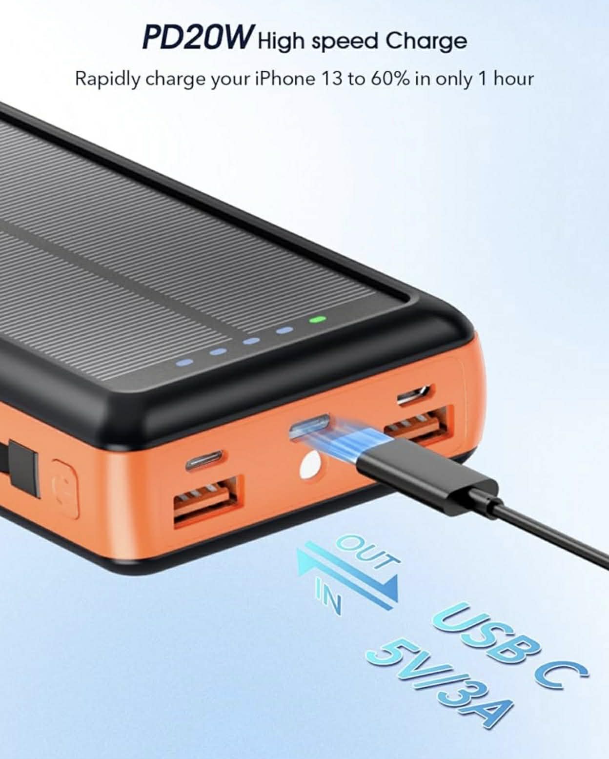 Solar Charge Power Bank Built-in 2 Output Cable (iOS + Type-C)