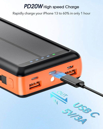 Solar Charge Power Bank Built-in 2 Output Cable (iOS + Type-C)